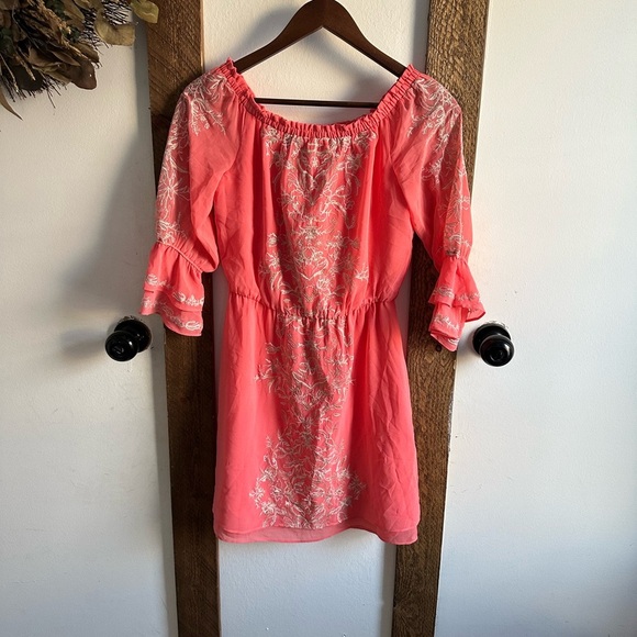 WHBM Coral Off Shoulder Embroidered Mini Chiffon Blouson Dress Ruffle XSP - Picture 8 of 9